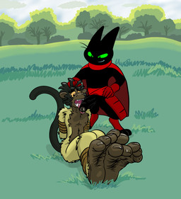 5_toes armor balls barefoot bdsm black_balls black_eyes black_penis bondage bottomless bound cape clothed clothing duo erection feet field foot_focus foreskin fur genitals gloves grass green_sclera hands_on_hips handwear head_grab hill holding_head humanoid_feet humanoid_genitalia humanoid_penis licking male male/male nipples nude open_mouth oral outside penis plant plantigrade rope sex smile soles teeth toes tongue tongue_out tree wrinkled_feet wrinkles yellow_sclera midnite cartoon_network mao_mao:_heroes_of_pure_heart sheriff_mao_mao_mao domestic_cat felid feline felis haplorhine mammal monkey primate hi_res