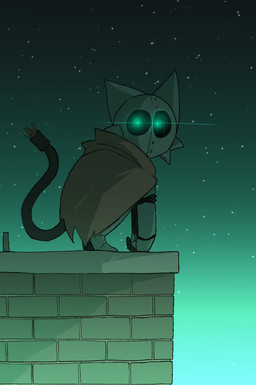 ambiguous_gender anthro cable_tail cloak clothing crouching detailed_background glowing glowing_eyes looking_at_viewer machine metallic_body mouthless night rooftop side_view sky solo star starry_sky torn_clothing mochaderg evil_mocha_(mochaderg) robot absurd_res digital_drawing_(artwork) digital_media_(artwork) hi_res signature