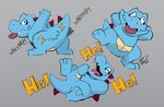 anthro blue_body butt_slap grey_background laugh male simple_background slap slapping_own_butt slapping_self tongue tongue_out hikazedragon nintendo pokemon crocodilian generation_2_pokemon pokemon_(species) reptile scalie totodile hi_res