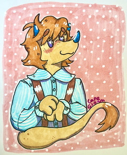 anthro blue_clothing blue_horn blue_shirt blue_topwear blush brown_hair clothed clothing collared_shirt dotted_background facial_horn freckled_face freckled_tail freckles hair horn male nose_horn pattern_background purple_eyes shirt short_hair simple_background smile snout solo suspenders tail tail_tuft tan_body topwear tuft capegloam alien mammal rhinoceros 2024 absurd_res half-length_portrait hi_res marker_(artwork) pen_(artwork) portrait shaded traditional_media_(artwork)
