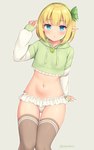 blonde_hair blue_eyes clothing female hair hoodie humanoid_pointy_ears legwear navel not_furry panties pointy_ears solo thigh_highs topwear underwear sand-rain elf humanoid 2021 5:8 hi_res