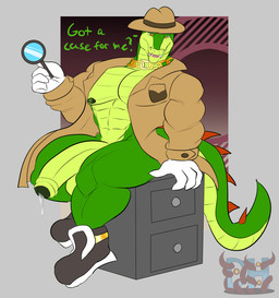 abs anthro areola balls barazoku big_balls big_muscles big_pecs big_penis black_clothing black_footwear black_shoes bodily_fluids cabinet chain chain_necklace clothed clothing coat detective detective_hat dialogue dripping fangs filing_cabinet footwear furniture genital_fluids genitals gloves gold_(metal) gold_chain gold_chain_jewelry green_body half-erect handwear holding_magnifying_glass holding_object huge_penis huge_thighs jewelry looking_at_viewer magnifying_glass male muscular muscular_male navel necklace nipple_piercing nipples open_mouth open_trenchcoat partially_clothed pecs penis piercing precum precum_drip pupils red_spikes shoes simple_background sitting_on_furniture slit_pupils solo spiked_tail spikes spikes_(anatomy) tail talking_to_viewer teeth text thick_thighs topwear trenchcoat white_clothing white_gloves white_handwear yellow_eyes daikuhiroshiama sega sonic_the_hedgehog_(series) vector_the_crocodile crocodile crocodilian reptile scalie 2026 english_text hi_res