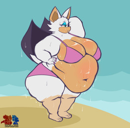 anthro barefoot beach belly big_belly big_breasts bikini bodily_fluids breasts cleavage clothed clothing eyelashes eyeshadow feet female fur green_eyes huge_belly huge_breasts logo makeup navel obese obese_anthro obese_female outside overweight overweight_anthro overweight_female pink_bikini pink_clothing pink_swimwear simple_background solo standing stretch_marks sweat swimwear thick_thighs two-piece_swimsuit water wet wet_body white_body white_fur wide_hips wings thefoxsista sega sonic_the_hedgehog_(series) rouge_the_bat bat mammal 2022 artist_logo dated