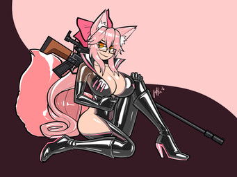 accessory armwear black_armwear black_clothing black_elbow_gloves black_gloves black_handwear black_latex bodysuit boots bow_ribbon breasts cleavage clothed clothed_female clothed_humanoid clothing elbow_gloves eyewear female fluffy fluffy_tail footwear fox_ears glasses gloves gun hair hair_accessory hair_bow hair_ribbon handwear high_heeled_boots high_heels latex latex_armwear latex_bodysuit latex_boots latex_clothing latex_elbow_gloves latex_footwear latex_gloves latex_handwear latex_skinsuit long_hair pink_hair ranged_weapon ribbons rifle shoes skinsuit sniper_rifle solo tail tight_clothing weapon wearing_glasses yellow_eyes lettuce_(artist) fate_(series) type-moon koyanskaya_(fate) animal_humanoid canid canid_humanoid canine canine_humanoid fox_humanoid humanoid mammal mammal_humanoid 2026 4:3 absurd_res hi_res