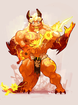 2_horns 3_toes anthro arm_spikes big_muscles black_bottomwear black_clothing black_loincloth bottomwear chest_markings claws clothed clothing digitigrade elbow_spikes eyebrows facial_hair feet finger_claws flower flower_symbol goatee grin hair head_horn holding_melee_weapon holding_object holding_sword holding_weapon horn huge_muscles lava_skin leg_markings loincloth loincloth_only male markings melee_weapon muscular muscular_male nipples non-mammal_nipples orange_body orange_scales plant scales simple_background smile solo spikes spikes_(anatomy) sunflower sword tan_background teeth text toe_claws toes toothy_grin topless vein veiny_muscles weapon white_eyebrows white_facial_hair white_goatee white_hair yellow_markings goofyahdragons scalie 3:4 artist_name full-length_portrait hi_res portrait