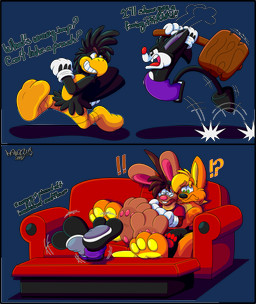 2_toes 3_toes 4_fingers angry anthro big_feet big_pawpads cartoon_gloves confusion cuddling dark_soles dialogue feet fingers group light_soles male pawpads paws red_tongue slapstick slapstick_humor smug smug_expression smug_face soles surprised text toes tongue toony marquis2007 herman_(marquis2007) marquis_(marquis2007) roderick_(tamerkoh) zak_(marquis2007) avian bird canid canine corvid corvus_(genus) crow fox imp lagomorph leporid mammal oscine passerine rabbit absurd_res alpha_channel comic english_text hi_res