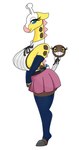 antennae_(anatomy) anthro armwear big_breasts black_eyes blue_eyes bottomwear breasts clothing eyelashes female generation_2_pokemon girafarig hi_res huge_breasts legwear nintendo pokeball pokemon pokemon_(species) shirt simple_background skirt smile solo stockings tail topwear urusee584 white_background yellow_body