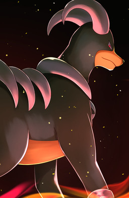 2_horns ambiguous_feral ambiguous_gender black_body black_fur black_nose curved_horn digitigrade feral fire firelight fur grey_body grey_horn horn light looking_back mouth_closed multicolored_body orange_body orange_fur pupils quadruped red_eyes slit_pupils snout solo rumine nintendo pokemon canid canine generation_2_pokemon houndoom mammal pokemon_(species) 2026 hi_res lighting shaded