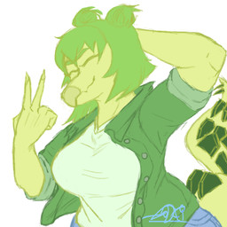 5_fingers anthro big_breasts bottomwear breasts claws clothing cosplay denim denim_bottomwear denim_clothing double_bun eyelashes eyes_closed female finger_claws fingers gesture green_hair hair hair_bun hand_behind_head hand_gesture jeans long_tail pants scales simple_background smile snout solo spiked_tail spikes spikes_(anatomy) tail v_sign yellow_body yellow_scales godai_v cavemanon_studios goodbye_volcano_high ko_op_(game_developer) snoot_game anon_(snoot_game) stella_(gvh_beta) dinosaur ornithischian prehistoric_species reptile scalie stegosaurian stegosaurus thyreophoran 1:1 2026 absurd_res digital_drawing_(artwork) digital_media_(artwork) hi_res signature