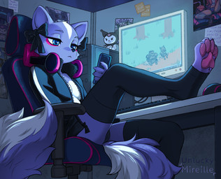 accessory anthro blue_eyes bow_ribbon breasts cellphone chair clothed clothed_anthro clothed_female clothing computer electronics eyebrows eyelashes feet female female_anthro fur furniture hair_accessory hair_bow hair_ribbon headphones headphones_around_neck jacket panties pawpads phone pose purple_body purple_fur ribbons sitting smartphone solo table text toeless_legwear topwear twin_bows twin_hair_bows underwear white_body white_fur unluckymireille aggretsuko sanrio shikabane_(aggretsuko) mammal mephitid skunk 2026 artist_name colored detailed digital_drawing_(artwork) digital_media_(artwork) hi_res shaded signature