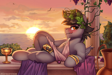 alcohol animal_genitalia animal_penis beverage black_hair blush chastity_cage chastity_device clothed clothed_feral clothing container cup equine_genitalia equine_penis feral food fruit genitals glistening glistening_genitalia glistening_penis goblet gold_(metal) gold_chastity_cage gold_chastity_device gold_jewelry grape grey_body hair jewelry looking_at_viewer male medial_ring metal_chastity_cage orange_eyes penis plant seductive solo toga wine wings jedayskayvoker hasbro my_little_pony mythology fan_character vectored_thrust_(character) ambient_bird equid equine mammal mythological_creature mythological_equine pegasus 2025 3:2 alternate_version_at_source hi_res