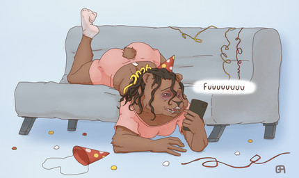 after_party anthro ass_up big_butt breasts butt cellphone checking_phone clothed clothing electronics female footwear fur furniture hair hat headgear headwear holidays hungover open_mouth overweight overweight_female pajamas phone pink_clothing pointy_hat simple_background smartphone socks sofa solo text tired_eyes waking_up girly_armor new_year new_year_2026 bear mammal