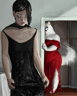anthro black_hair breasts claws clothing dress duo ear_piercing ear_ring eyelashes eyes_closed female female/female fur hair paws piercing ring ring_piercing shedding_fur tail tail_motion tailwag tongue tongue_out white_body white_fur zarzaliel canid canine canis domestic_dog human mammal 2026 absurd_res hi_res signature