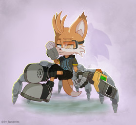 2_tails 5_fingers anthro biped black_bottomwear black_clothing black_shirt black_shorts black_topwear blue_eyes boots bottomwear cheek_tuft clothing crossed_legs cybernetic_leg cybernetic_limb cybernetics facial_tuft fingers footwear fur gloves half-closed_eyes handwear holding_object holding_weapon looking_at_viewer machine male multi_tail narrowed_eyes orange_body orange_fur shirt shoes shorts solo tail text topwear tuft weapon navarrito netflix sega sonic_prime sonic_the_hedgehog_(series) miles_prower tails_nine canid canine fox mammal 2023 artist_name full-length_portrait hi_res portrait signature