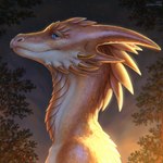 anthro blue_eyes female horn looking_at_viewer plant scales sky solo tree lostgoose mythology dragon mythological_creature mythological_scalie scalie 1:1 2024 hi_res