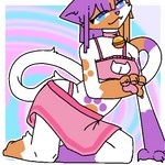 anthro asymmetrical_coloring bell bell_collar breasts cat_bra clothed clothing collar female footprint fur hair kemono kneeling long_tail looking_at_viewer markings orange_body orange_fur orange_hair pawpads pawprint pawprint_(marking) pink_clothing purple_body purple_fur purple_hair short_hair small_breasts solo tail theenyface capcom monster_hunter cally_(theenyface) domestic_cat felid feline felis felyne lynian mammal palico 1:1 aliasing digital_drawing_(artwork) digital_media_(artwork) flat_colors