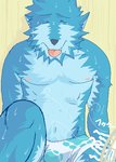 anthro blue_body blue_fur bodily_fluids bulge clothing fur male nipples sitting solo sweat underwear beaugilliam beau_(bo-gilliam) canid canine canis mammal wolf 2007 archived_source digital_media_(artwork) oekaki