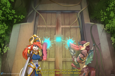 anthro balls big_breasts breasts clothing disembodied_penis duo_focus eyebrows eyelashes eyes_closed female genitals glory_balls group hair long_hair male male/female male/male melee_weapon oral penis plant sex shield sword text vines weapon sugarlesspaints calpain vanurii equid equine mammal 2022 digital_media_(artwork) english_text hi_res url