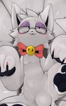 anthro black_claws black_pawpads blush bow_tie bow_tie_only bulge claws cute_fangs eyeshadow eyewear fangs fur glasses head_tuft logo lying makeup male monotone_body monotone_fur mostly_nude mostly_nude_anthro motion_lines navel neck_tuft on_back paw_pose pawpads pose purple_eyeshadow solo spread_legs spreading teeth tuft white_body white_fur x_navel presto_(artist) presto_(character) canid canine canis mammal wolf 5:8 artist_logo artist_name hi_res