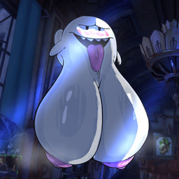 areola big_breasts black_eyes blush bodily_fluids breasts female huge_breasts hyper hyper_breasts looking_at_viewer nipples not_furry open_mouth pink_areola pink_nipples saliva solo tongue tongue_out white_body ursidea mario_bros nintendo boo_(mario) ghost spirit 1:1 absurd_res hi_res