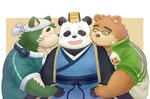 anthro asian_clothing belly blush clothing east_asian_clothing electronics eyebrows eyewear fur glasses green_body green_fur group headphones headphones_around_neck japanese_clothing kimono kissing_cheek male male/male overweight overweight_male thick_eyebrows trio timaki_z lifewonders live_a_hero tokyo_afterschool_summoners mokdai volos_(tas) bear canid canine canis domestic_dog giant_panda mammal hi_res