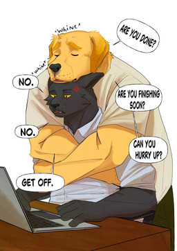 4_fingers annoyed anthro asking_another asterisk_(symbol) black_body black_fur black_text bottomwear clothing collared_shirt computer desk duo ears_down electronics facial_tuft fingers fur furniture green_bottomwear green_clothing green_pants head_tuft hug laptop male markings multicolored_body multicolored_fur neck_tuft onomatopoeia pants pivoted_ears question question_mark romantic romantic_couple sad shirt simple_background sitting sound_effects table text thick_arms topwear tuft two_tone_body two_tone_fur whining whisker_markings white_background white_clothing white_shirt white_topwear working yellow_body yellow_fur yellow_sclera rokkietherock bird_dog canid canine canis domestic_cat domestic_dog felid feline felis golden_retriever hunting_dog mammal retriever hi_res