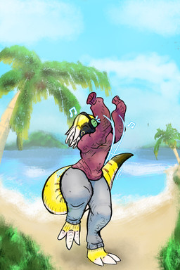 3_toes anthro armless beach big_tail bottomwear claws clothed clothing electronics feet female fully_clothed glistening glistening_body happy headphones long_sleeve_sweater palm_tree pants plant solo sweatpants tail tentacles thick_thighs toes tree unknown_artist bullsquid 2:3 digital_media_(artwork) digital_painting_(artwork) hi_res painting_(artwork)