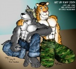 abs anthro army barazoku belt blue_eyes bottomwear buckle clothed clothing cuddling denim denim_bottomwear denim_clothing duo feet hair hindpaw hug intimate jeans kneeling looking_at_viewer male male/male military muscular pants paws ponytail relaxing romantic romantic_couple sitting text topless yellow_eyes raff raff_m_logan i.s.o. cody_frost jake_packard canid canine canis domestic_dog felid mammal pantherine tiger wolf 2004 digital_media_(artwork) english_text