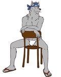 anthro asian_clothing biting_on_toothpick black_nose blue_kerchief bulge chair clothing east_asian_clothing footwear fundoshi fur furniture grey_body grey_fur hand_on_object japanese_clothing kerchief male sandals shoes simple_background smile solo toothpick underwear white_background white_clothing white_fundoshi white_underwear thegreatmatsutzu the_boy_and_the_beast canid canine mammal