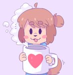 :3 anthro beverage black_nose blue_clothing blue_hoodie blue_topwear brown_hair clothing coffee_mug container cup dot_eyes eyebrows eyelashes female floppy_ears fluffy_ears fur hair heart_print heart_symbol holding_coffee_mug holding_container holding_cup holding_mug holding_object hoodie hot_beverage long_hair motion_lines mug open_mouth oversized_object pink_cheeks ponytail purple_background simple_background smile solo standing steam tail tail_motion tailwag tan_body tan_fur tied_hair topwear graskip ko-fi canid canine canis domestic_dog mammal 2017 colored hi_res shaded