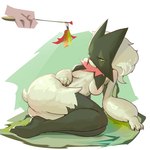 breast_curtains breasts butt cat_toy claws disembodied_hand female fur green_body green_fur medium_breasts solo thick_thighs toy zbzone nintendo pokemon generation_9_pokemon meowscarada pokemon_(species) 1:1 hi_res