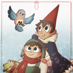 blush cloak clothed clothing feathers feral green_body group holly_(plant) male plant red_scarf scarf smile wings spider_bones cartoon_network over_the_garden_wall beatrice_(over_the_garden_wall) frog_(over_the_garden_wall) gregory_(over_the_garden_wall) amphibian avian bird bluebird frog human mammal oscine passerine thrush_(bird) 1:1 2025 digital_media_(artwork) hi_res shaded