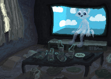 ambiguous_gender anthro cloud coffee_table detailed_background fangs inside plate sitting smile solo teeth demensa canid canine canis domestic_dog ghost mammal spirit 2025 digital_media_(artwork) hi_res pixel_(artwork)