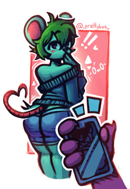 anthro blush bottomwear butt cellphone clothed clothed_anthro clothed_male clothing duo electronics emoticon exclamation_point femboy fur green_hair hair hand_on_mouth heart_symbol heart_tail looking_back male male_anthro owo phone rear_view shorts shoulderless_sweater simple_background smartphone solo_focus standing sweater tail teal_body teal_fur text topwear prettybo4 mammal mouse murid murine rodent 2026 artist_name digital_media_(artwork) hi_res