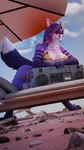 beach bikini boombox clothing fur gold_bikini leaning leaning_forward orange_eyes purple_body purple_fur swimwear two-piece_swimsuit blender_cycles jag canid canine fox mammal 3d_(artwork) 4k 9:16 absurd_res blender_(artwork) digital_media_(artwork) hi_res tagme trans_(lore) trans_woman_(lore)