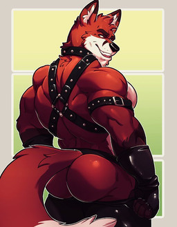 5_fingers anthro back_muscles biceps big_butt big_muscles black_nose brown_body brown_fur butt chaps cheek_tuft claws clothing collar countershade_fur countershading dipstick_ears dipstick_tail ear_markings eyebrows facial_tuft finger_claws fingerless_gloves fingers fur gloves gloves_(marking) grin handwear harness leather leather_collar leather_daddy leather_harness looking_at_viewer looking_back looking_back_at_viewer male markings multicolored_body multicolored_ears multicolored_fur muscular muscular_anthro muscular_male orange_body orange_fur pecs rear_view red_body red_fur simple_background smile solo spandex spandex_gloves spandex_pants standing studded_collar studded_leather studs tail tail_markings thick_eyebrows tight_clothing triceps tuft white_body white_countershading white_fur yellow_eyes knuxlight canid canine fox mammal red_fox true_fox 2020 portrait three-quarter_portrait