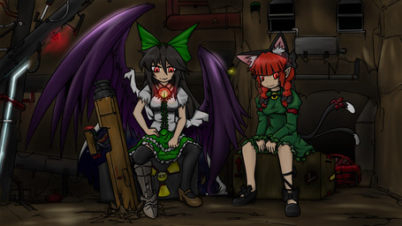 2_tails 3_eyes 4_ears accessory black_clothing black_ears black_footwear black_hair black_legwear black_shoes black_tail black_thigh_highs bottomwear bow_ribbon braided_hair breasts brown_clothing brown_footwear brown_shoes chest_eye clothing dipstick_tail dress duo feathered_wings feathers female footwear glowing glowing_eyes green_bottomwear green_clothing green_dress green_skirt hair hair_accessory hair_bow hair_ribbon humanoid_pointy_ears inner_ear_fluff legwear markings multi_ear multi_eye multi_tail pigtails pointy_ears purple_wings red_eyes red_hair ribbons shirt shoes sitting skirt smile tail tail_markings thigh_highs topwear tuft twin_braids twintails_(hairstyle) white_clothing white_inner_ear_fluff white_shirt white_tail_tip white_topwear wings bloodycat asian_mythology east_asian_mythology japanese_mythology mythology touhou rin_kaenbyou utsuho_reiuji animal_humanoid avian avian_humanoid cat_humanoid felid felid_humanoid feline feline_humanoid humanoid mammal mammal_humanoid nekomata winged_humanoid yokai 16:9 hi_res widescreen