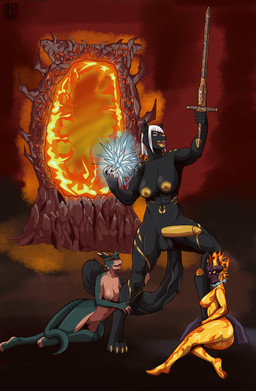abs anthro balls breasts butt collar erection female fire fur fur_markings genitals group gynomorph heroic_pose humanoid_genitalia humanoid_penis intersex looking_up lying magic markings melee_weapon muscular muscular_gynomorph muscular_intersex nipples nude on_side open_mouth outside penis portal raised_arm size_difference standing sword teeth trio vulva weapon pululon bethesda_game_studios microsoft oblivion the_elder_scrolls ashra-nour dar-ma argonian felid feline flame_atronach mammal scalie absurd_res hi_res