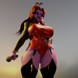abs ahoge big_breasts black_clothing black_jacket black_legwear black_lipstick black_nails black_sclera black_thigh_highs black_topwear blurred_background bracelet breasts brown_hair clothed clothing colored_nails cropped_jacket ear_piercing ear_ring electronics eyelashes female glistening glistening_body glistening_skin glowing glowing_eyes grey_sky hair hand_on_hip holding_microphone holding_object hoop_ear_ring huge_breasts humanoid_pointy_ears jacket jewelry legwear leotard lipstick long_hair looking_at_viewer makeup microphone nails navel_outline not_furry open_clothing open_jacket open_topwear outside piercing pink_eyes pointy_ears purple_body purple_skin red_clothing red_leotard ring_piercing sharp_nails sky smile smiling_at_viewer solo standing thick_thighs thigh_highs topwear wide_hips samzan samzan_(modeler) friday_night_funkin' mommy_mearest demon demon_humanoid humanoid 1:1 2026 3d_(artwork) digital_media_(artwork) hi_res