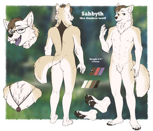 4_toes anthro brown_eyes butt crotch_tuft eyewear feet fluffy foot_focus fur glasses jewelry male multi_nipple necklace nipples nude pawpads paws plantigrade plantigrade_pawpads rounded_ears scruffy solo tan_body tan_fur tasteful_nudity text toes tuft whiskers viskasunya sabbyth canid canine canis mammal wolf absurd_res english_text hi_res model_sheet