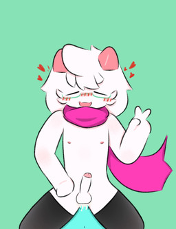 anthro balls black_clothing black_legwear black_stockings blush bodily_fluids clothing cum ears_down eyes_closed eyewear fur genital_fluids genitals glasses heart_symbol legwear male male/male nipples open_mouth orgasm penis pivoted_ears scarf sitting sitting_on_another smile solo spread_legs spreading stockings white_body white_fur young yuyuawa deltarune undertale_(series) ralsei bovid caprine goat mammal