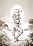 12-tf 2013 after_transformation anthro breasts cleavage clothed clothing confusion dialogue egg english_text female flower gender_transformation hair lagomorph leotard leporid mammal monochrome nipple_outline plant rabbit solo text transformation