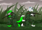 ak-47 ak_platform andrew_wilwood anthro assault_rifle black_nose blue_body blue_eyes blue_fur blue_nose clothing cole_howler confusion duo ears_up female finnish_flag finnish_military fur gradient_body gradient_fur grass_field green_body green_eyes green_fur green_hair green_tail grey_body grey_fur gun hair holding_object holding_weapon kneeling luphine_howler male male/female markings military military_uniform ranged_weapon rifle smile smirk striped_body striped_fur striped_markings stripes tail uniform weapon white_body white_fur white_hair white_tail kirbthekirb canid canine canis fox mammal wolf hi_res