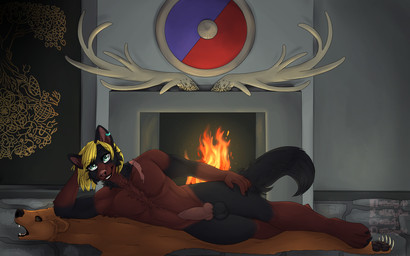 anthro antlers balls chest_tuft ear_piercing erection eye_contact fireplace genitals grin hair horn inside knot looking_at_another lying_on male muscular muscular_anthro muscular_male nude penis piercing rock rug scar shield side smile solo tapestry tuft viking blvejay canid canine canis mammal wolf 16:10 2020 absurd_res detailed digital_media_(artwork) hi_res shaded widescreen