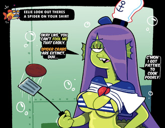 annoyed anthro bikini bikini_top buckteeth clothing female hair hair_over_eye purple_hair solo spatula swimwear teeth text tools two-piece_swimsuit somescrub nickelodeon spongebob_squarepants eelie_applebottom aquatic eel fish english_text hi_res