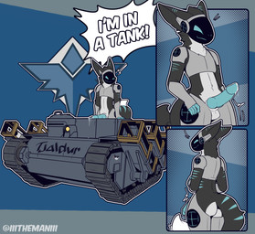animal_genitalia anthro armored_vehicle blue_eyes blue_penis bodily_fluids butt canine_genitalia cum cum_on_vehicle erection femboy fur genital_fluids genitals machine male nude penis ranged_weapon rocket_launcher solo tank_(vehicle) text tracked_vehicle vehicle weapon the_man foxhole:_persistant_online_warfare mammal protogen 2025 absurd_res hi_res