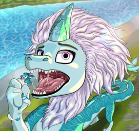 belly bodily_fluids female female/female horn mouth_shot nature nature_background open_mouth saliva soft_vore uvula vore water sergefoxpaws disney mythology raya_and_the_last_dragon icefumy sisu_(ratld) dragon mythological_creature mythological_scalie reptile scalie absurd_res hi_res