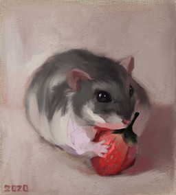 ambiguous_gender black_eyes feral food fruit fur grey_body grey_fur holding_food holding_object pink_ears pink_nose plant solo strawberry white_body white_fur alexpahomov cricetid dwarf_hamster hamster mammal rodent 2020 hi_res
