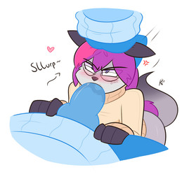 anthro anthro_on_anthro big_butt big_penis blush bodily_fluids breasts butt claws clothed clothing duo eyewear faceless_character faceless_male fellatio female fluffy fluffy_tail fur genitals glasses grey_body grey_fur grumpy hair heart_symbol interspecies knot male male/female open_mouth oral partially_clothed penile penis purple_eyes purple_hair saliva sex simple_background speech_bubble sweat tail teeth thick_thighs kilinah kili_(kilinah) canid canine felid feline fox mammal