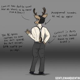 anthro antlers black_hair brown_eyes caption clothing collared_shirt dress_pants dress_shirt formal_wear gesture hair hand_gesture hand_on_hip hooves horn looking_at_viewer looking_back male rear_view scut_tail shirt short_tail simple_background slacks smile solo suspenders tail text tie_clip topwear unguligrade gentlemanquentin talbot_hawthorne_(gentlemanquentin) black-tailed_deer deer mammal 1:1 english_text hi_res